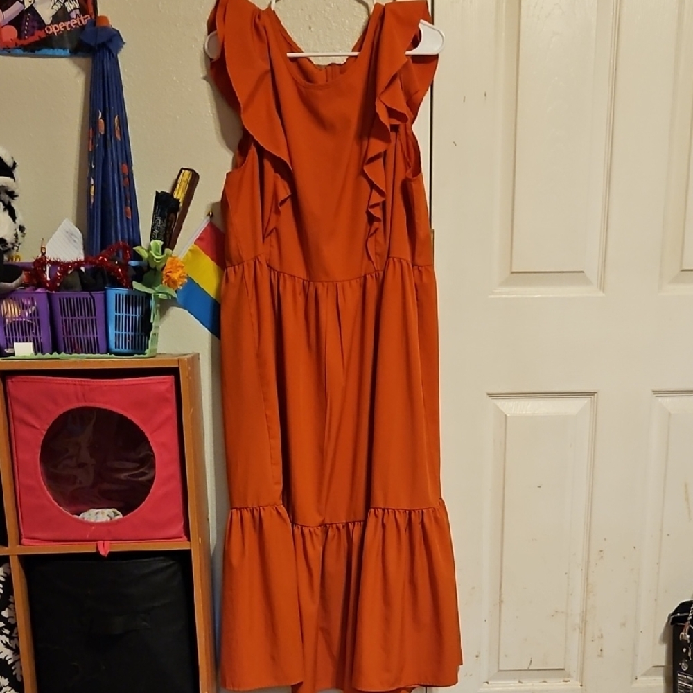 SHEIN Orange Ruffled Midi Sundress with Flutter Sleeves